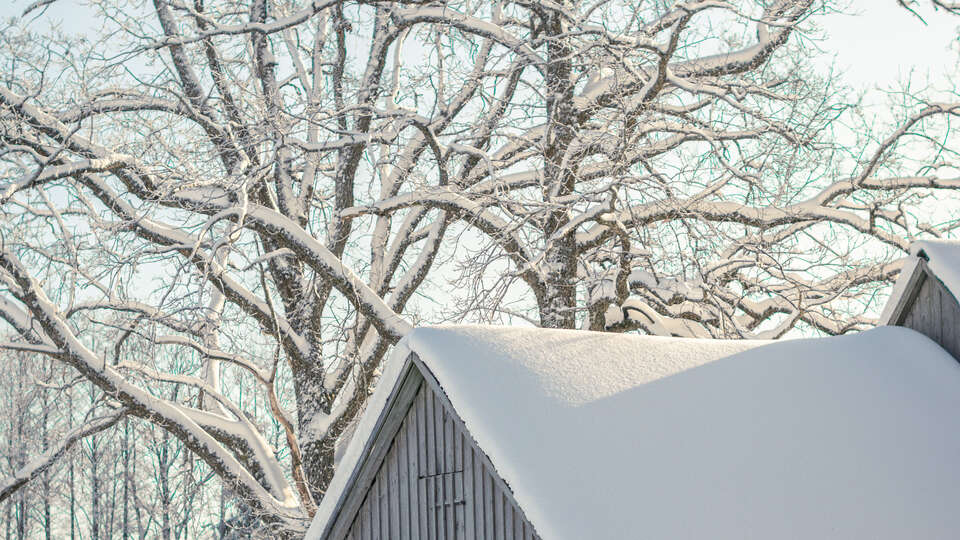 Hustak täckt i snö 