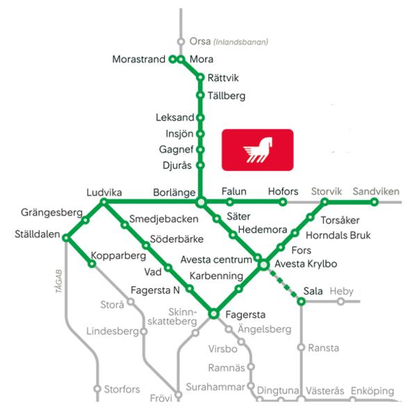 Karta över tågtrafiken inom Dalatrafiken