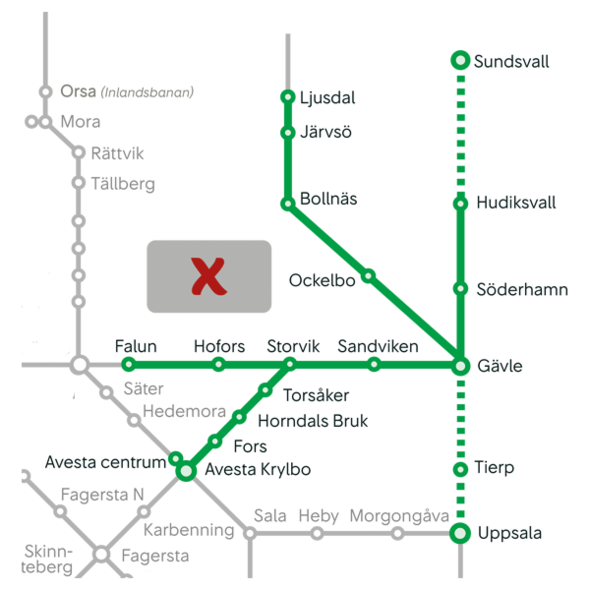 Karta över tågtrafiken inom X-Trafiken